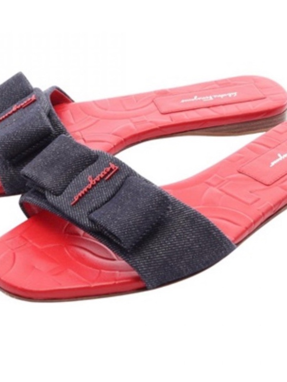 Salvatore Ferragamo Black Bow Slide Sandals with Red Footbed